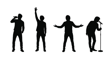 Four energetic silhouettes of performers with microphones and raised arms expressing joy vector