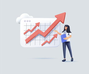 Company growth 3D render vector illustration, boost profit or increase revenue, success investment or growing sales, report or improvement, business woman present graph with high improvement bar chart