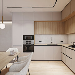 Contemporary kitchen corner with built-in oven, wood accents, soft cabinets, and black fixtures.