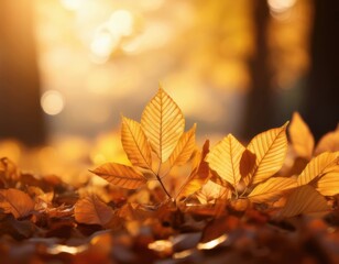 Close-up of golden autumn leaves on the ground with warm sunlight and soft bokeh background
