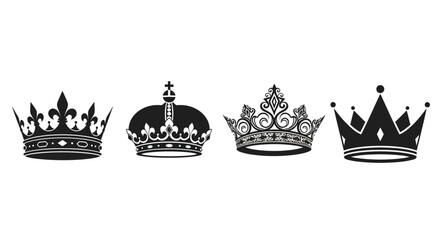 Set of four ornate royal crowns detailed regal symbols of power and authority vector © Sazid