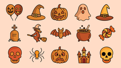 Colorful halloween icon set with ghost skull bat pumpkin