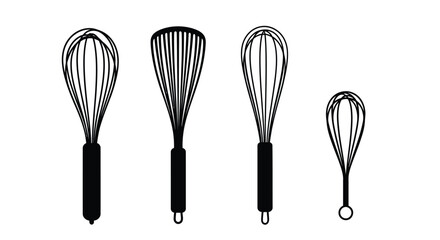 Collection of kitchen whisks various sizes and designs for baking and cooking preparation vector