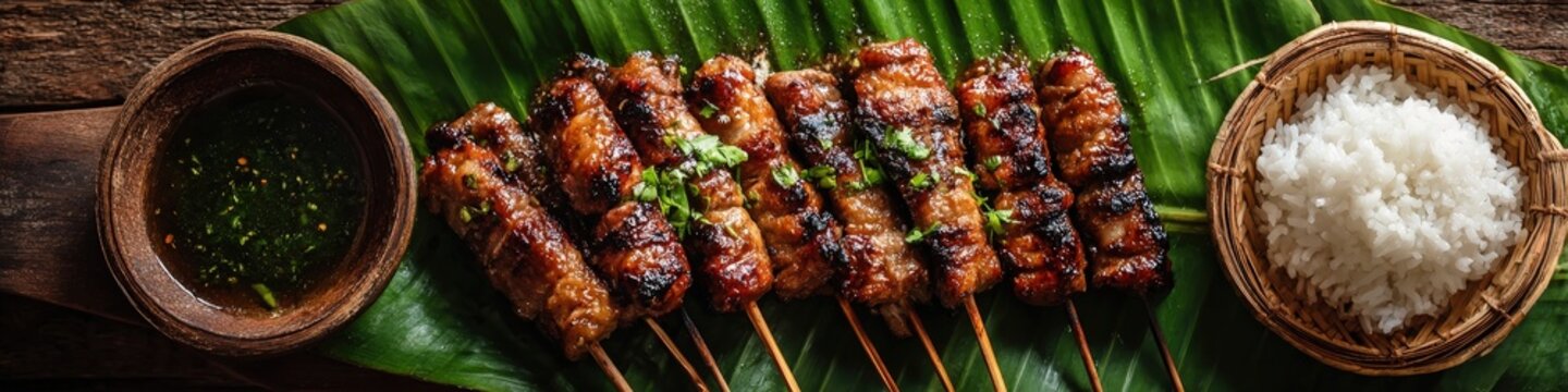 Delicious moo ping pork skewers served on banana leaf with rice and dipping sauce