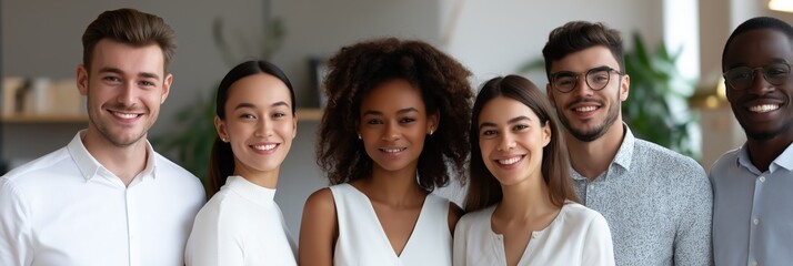 Diverse group of young adults smiling in casual office setting