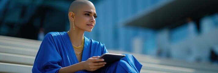 Young hispanic female in blue outfit using tablet outdoors on steps