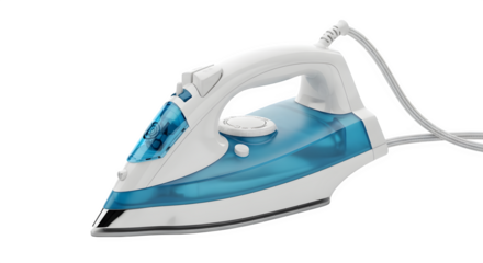 Blue and white electric iron isolated on transparent background for ironing clothes