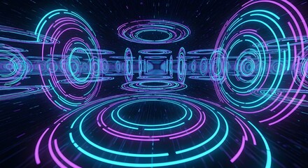Fototapeta premium Futuristic Neon Tunnel with Glowing Rings and Geometric Shapes