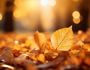 Close-up of golden autumn leaves on the ground with warm sunlight and soft bokeh background