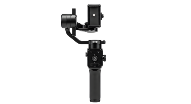 Black handheld gimbal isolated on transparent background for smooth video recording