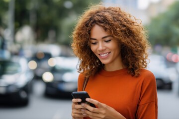 Fototapeta premium Smiling young african female texting on phone outdoors in urban setting