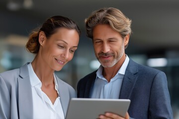 Caucasian male and female adults collaborating on tablet in office