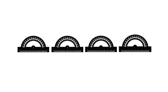 Four black protractor tools arranged horizontally showing measurement and geometry vector