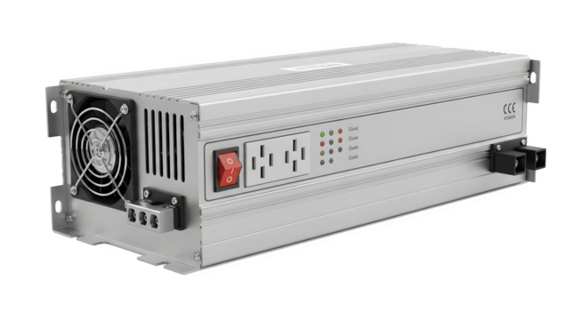 Silver power inverter isolated on transparent background for converting dc to ac