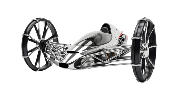 Futuristic three wheeled vehicle isolated on transparent background, concept design