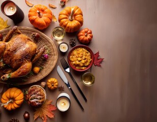 Festive Thanksgiving table flat lay with roasted turkey, pumpkins, candles, and autumn leaves in warm cozy tones