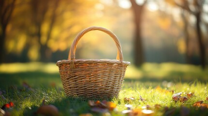 small wicker picnic basket in the nature