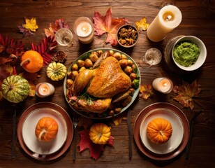 Festive Thanksgiving table flat lay with roasted turkey, pumpkins, candles, and autumn leaves in warm cozy tones