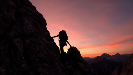 Hiker climbing rocky mountain at sunset with colorful sky   - Powered by Adobe