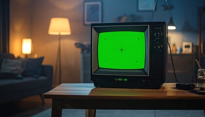 Vintage television set with a green screen sits on a wooden table in a dimly lit living room. Lamps provide soft lighting
