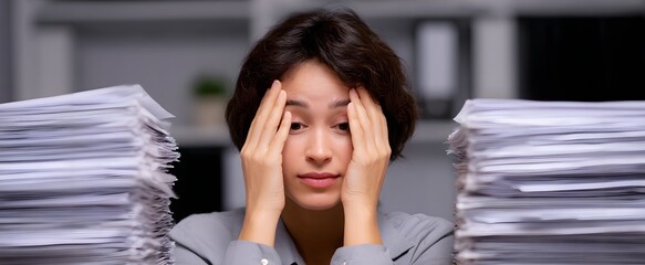 The overwhelmed office worker hides her face behind towering paperwork piles.