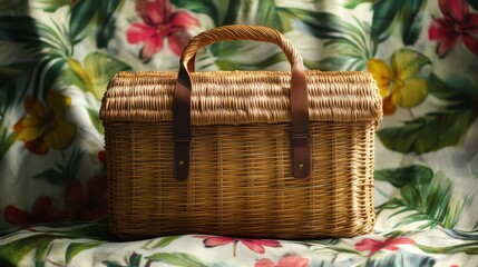 wicker picnic basket against blossom background