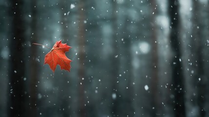 A solitary, vibrant red maple leaf is suspended in mid-air, glistening with tiny snowflakes as more fall gently around it. The leaf is set against a blurry, cold winter forest backdrop.