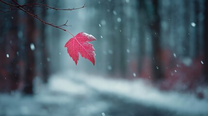 A lone, vibrant red leaf, delicately dusted with snow, hanging from a bare branch amidst a blurry, cold winter forest. The image powerfully symbolizes resilience, beauty, and hope.
