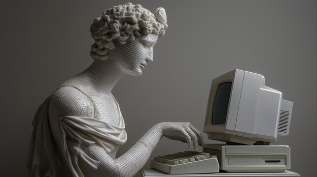 Rendered classical statue is seated and gazing intently at a vintage, boxy personal computer. This striking and surreal juxtaposition of ancient art and obsolete technology.
