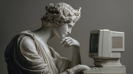 Rendered classical statue is seated and gazing intently at a vintage, boxy personal computer. This striking and surreal juxtaposition of ancient art and obsolete technology.