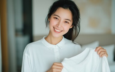 Asian woman with sense of happiness, satisfaction, and domestic comfort, symbolizing themes of cleanliness, simplicity, and the joy of daily routines.