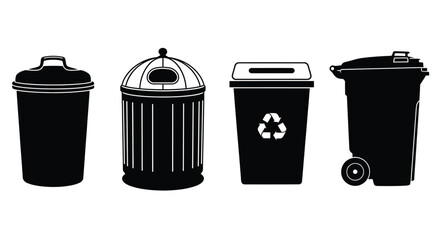 Collection of diverse trash cans and recycling bins for waste management and disposal needs vector