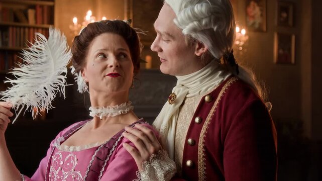 Medium close-up of Victorian Caucasian gentleman in historical costume and wig flirting with mature noble lady in lavish dress, hugging, joking and giving compliments to tempt into love affair