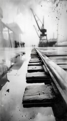 Obraz premium Old wet railroad tracks leading to crane in harbor with dockworkers
