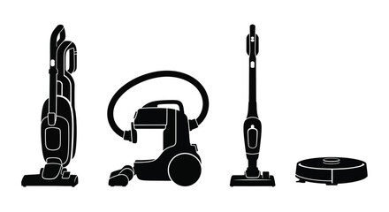 Set of four silhouette vacuum cleaners showing different models for home cleaning vector