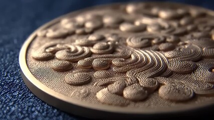 Close-up of Golden Commemorative Coin with Auspicious Cloud Pattern