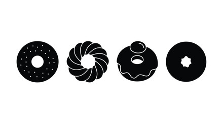 Four black silhouette doughnuts various designs isolated on sweet baked goods vector
