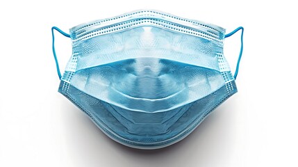 A close up shot of a blue surgical face mask on a white background with blue elastic ear loops