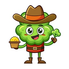 cactus with a sombrero, cartoon fast food green coliflower cowboy on transparent background