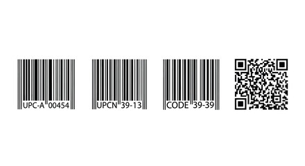 Four diverse barcode and qr code samples for retail and data scanning technology vector
