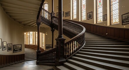 An elegant, dark wood spiral staircase ascends within a grand hall with high ceilings and large windows.