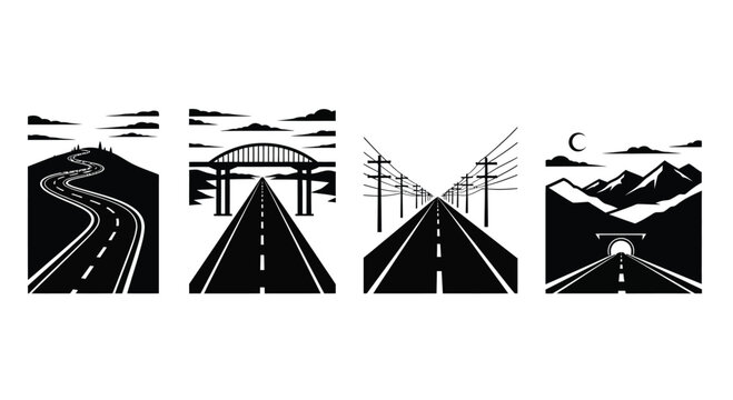 Four distinct road scenes with mountains bridges and power lines graphic art vector