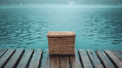 Fototapeta premium handmade wicker basket stand against lake 
