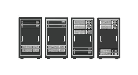 Four identical industrial server racks lined up in a row showing data center equipment vector