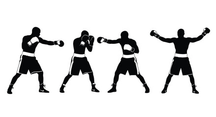 Dynamic boxing silhouette sequence athletic men fighting sports action poses vector