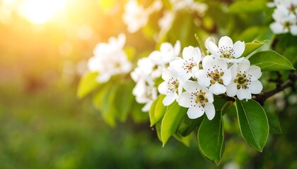 Blossoming pear tree in spring sunlight