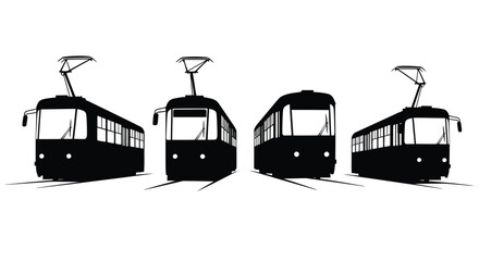 Four silhouette trams travel on railway tracks in a row artistic representation vector