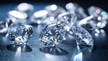 Sparkling, cut gemstones scattered, reflecting light and creating a dazzling display on a surface. A close-up reveals facets