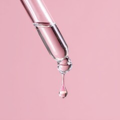 Glass pipette dispensing a clear drop of cosmetic serum against a pastel pink background.