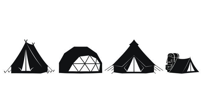 Various black camping tents set diverse outdoor shelter designs for adventure and glamping vector